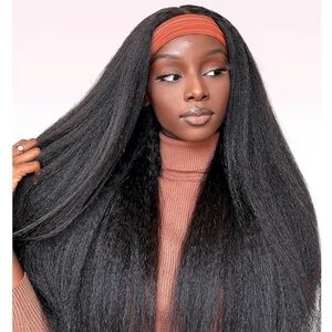 Elegant Black Headband Wig Human Hair 20”Kinky Yaki Straight 180% Density